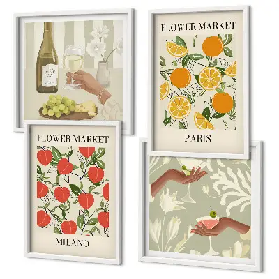 Multi-piece wall decor set featuring flowers and European cities like Milan and Paris
