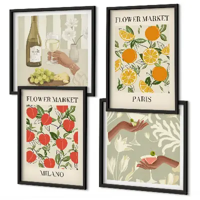 Multi-piece wall decor set featuring flowers and European cities like Milan and Paris