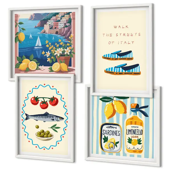 Set of 4 wall art pieces featuring colorful Italian flavors