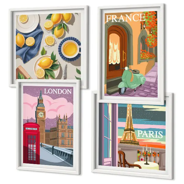 Multi-piece wall decor set featuring Paris and London cityscapes