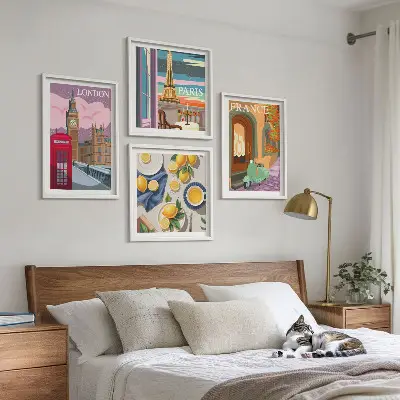 Multi-piece wall decor set featuring Paris and London cityscapes
