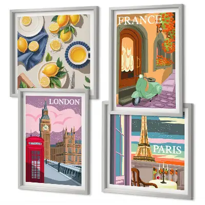 Multi-piece wall decor set featuring Paris and London cityscapes