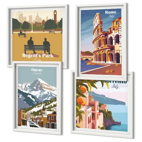 Set of 4 wall art pieces Retro illustrations of famous places