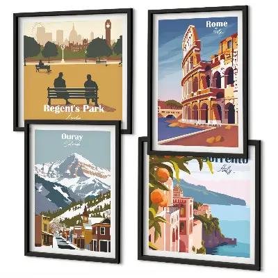 Set of 4 wall art pieces Retro illustrations of famous places