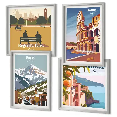 Set of 4 wall art pieces Retro illustrations of famous places