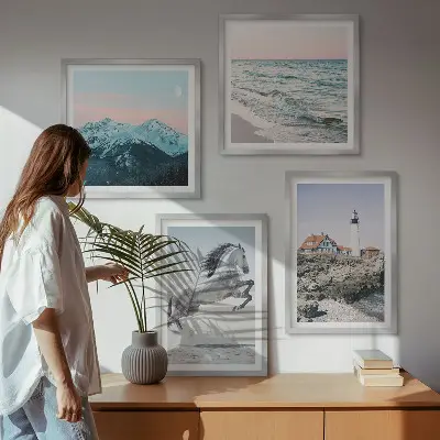 Set of 4 wall art pieces featuring horses in motion, a beach, a lighthouse, and mountains