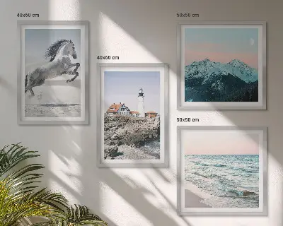 Set of 4 wall art pieces featuring horses in motion, a beach, a lighthouse, and mountains