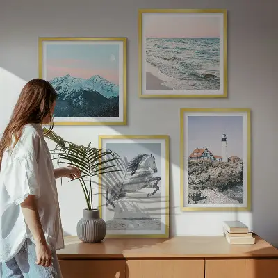 Set of 4 wall art pieces featuring horses in motion, a beach, a lighthouse, and mountains