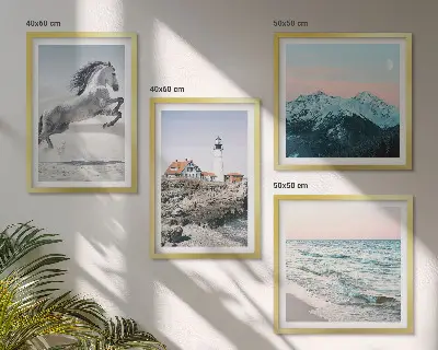 Set of 4 wall art pieces featuring horses in motion, a beach, a lighthouse, and mountains
