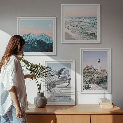 Set of 4 wall art pieces Horses, movement, beach, lighthouse, mountains