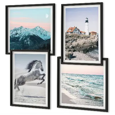 Set of 4 wall art pieces featuring horses in motion, a beach, a lighthouse, and mountains