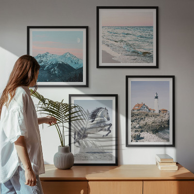 Set of 4 wall art pieces Horses, movement, beach, lighthouse, mountains