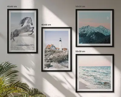 Set of 4 wall art pieces featuring horses in motion, a beach, a lighthouse, and mountains