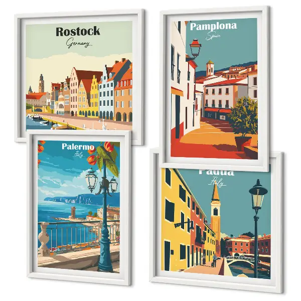 Retro city wall art illustrations set of 4 pieces
