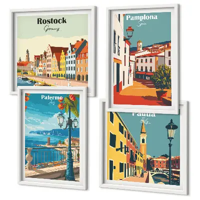 Retro city wall art illustrations set of 4 pieces