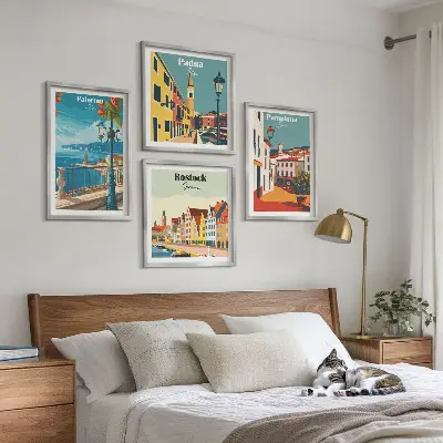 Set of 4 wall art pieces Retro city illustrations
