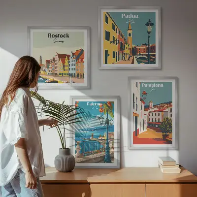Retro city wall art illustrations set of 4 pieces