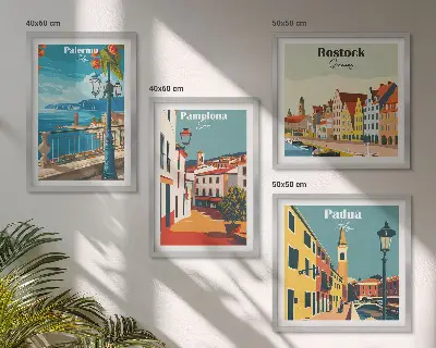 Retro city wall art illustrations set of 4 pieces