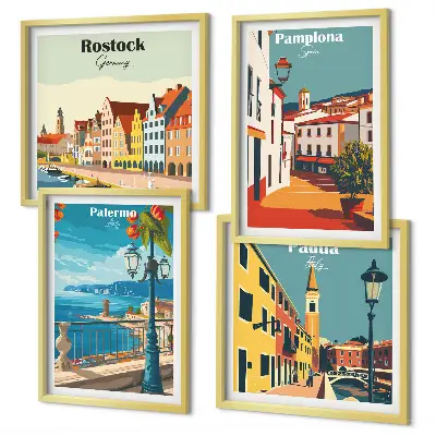 Retro city wall art illustrations set of 4 pieces