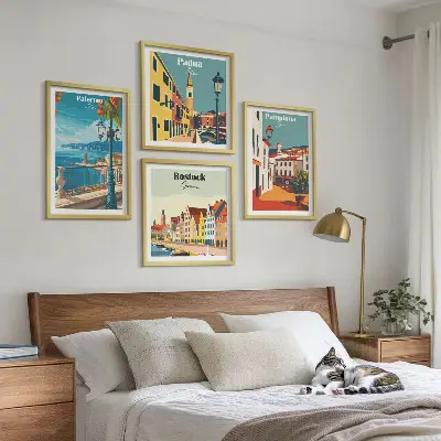 Retro city wall art illustrations set of 4 pieces