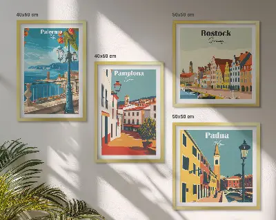 Retro city wall art illustrations set of 4 pieces