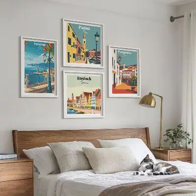 Set of 4 wall art pieces Retro city illustrations
