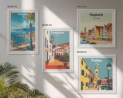 Retro city wall art illustrations set of 4 pieces