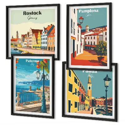 Set of 4 wall art pieces Retro city illustrations