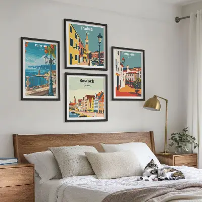 Retro city wall art illustrations set of 4 pieces