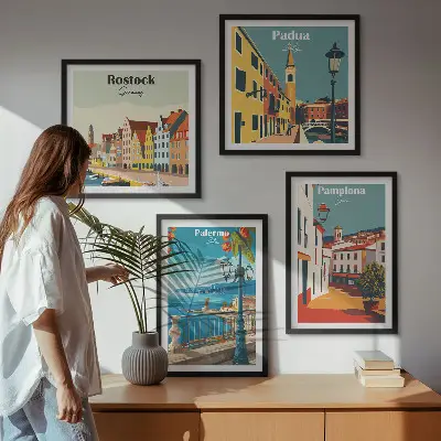 Retro city wall art illustrations set of 4 pieces