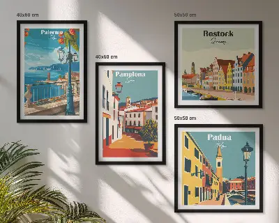 Retro city wall art illustrations set of 4 pieces
