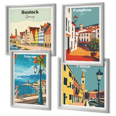 Retro city wall art illustrations set of 4 pieces