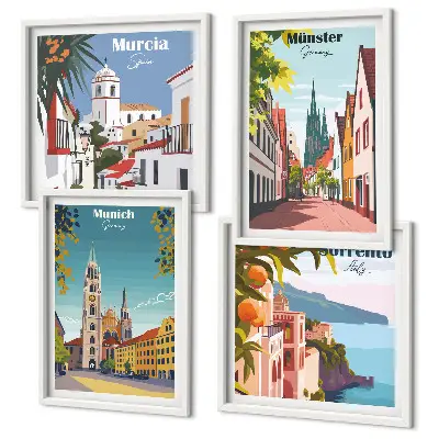 Multi-piece wall decor set European cities in color illustrations