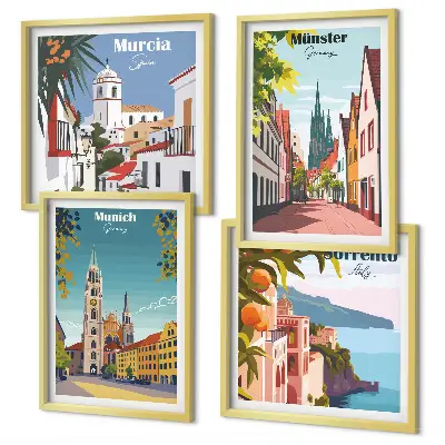 Multi-piece wall decor set European cities in color illustrations