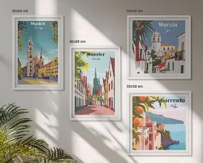 Multi-piece wall decor set European cities in color illustrations