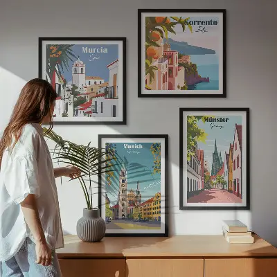 Multi-piece wall decor set European cities in color illustrations