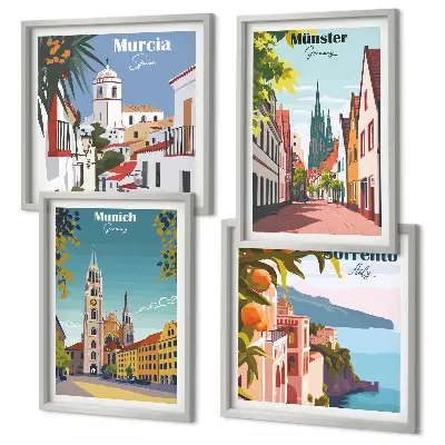 Multi-piece wall decor set European cities in color illustrations