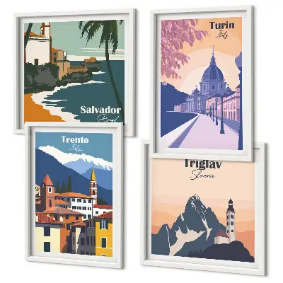 Mountains retro architecture wall art set of 4 pieces