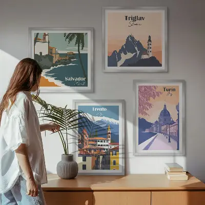 Mountains retro architecture wall art set of 4 pieces