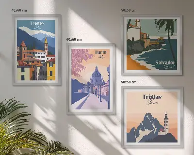 Set of 4 wall art pieces Mountains retro architecture illustrations