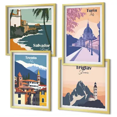 Mountains retro architecture wall art set of 4 pieces