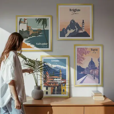 Set of 4 wall art pieces Mountains retro architecture illustrations