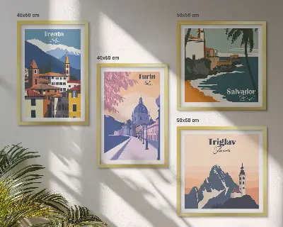 Mountains retro architecture wall art set of 4 pieces