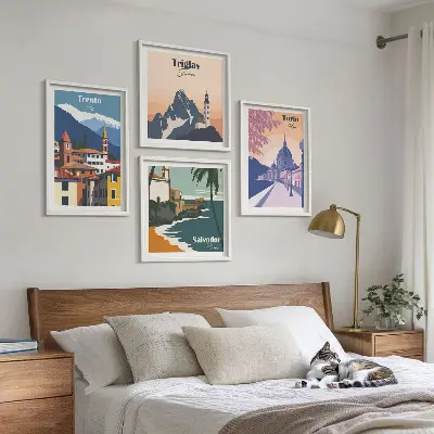 Mountains retro architecture wall art set of 4 pieces