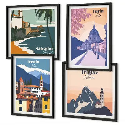 Mountains retro architecture wall art set of 4 pieces
