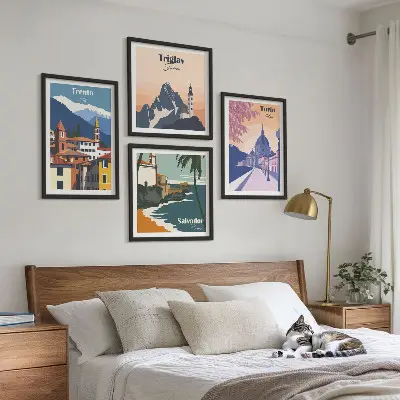 Set of 4 wall art pieces Mountains retro architecture illustrations
