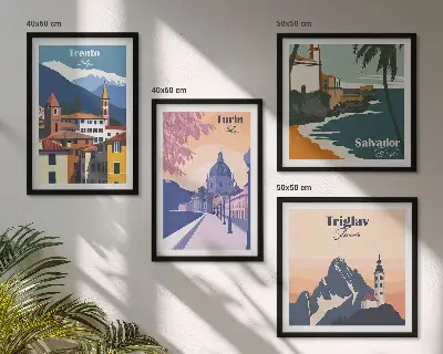 Set of 4 wall art pieces Mountains retro architecture illustrations
