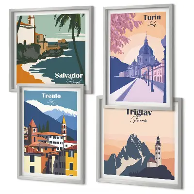 Mountains retro architecture wall art set of 4 pieces