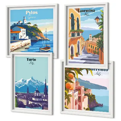 Multi-piece wall decor set featuring colorful retro city illustrations