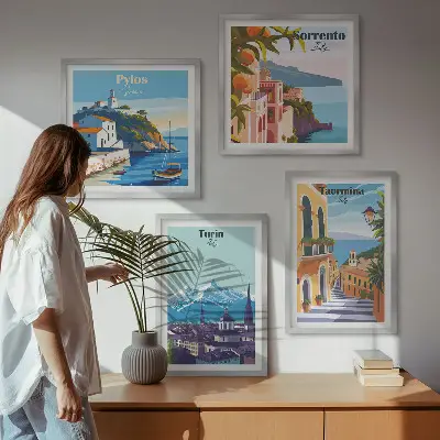 Multi-piece wall decor set featuring colorful retro city illustrations